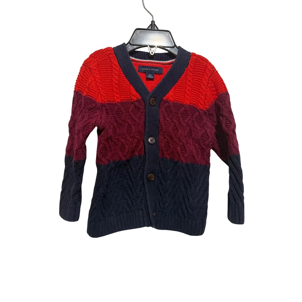 Tommy Hilfiger Cardigan Kids‎ 18M Red Burgundy Navy Cable Knit Button Up Sweater